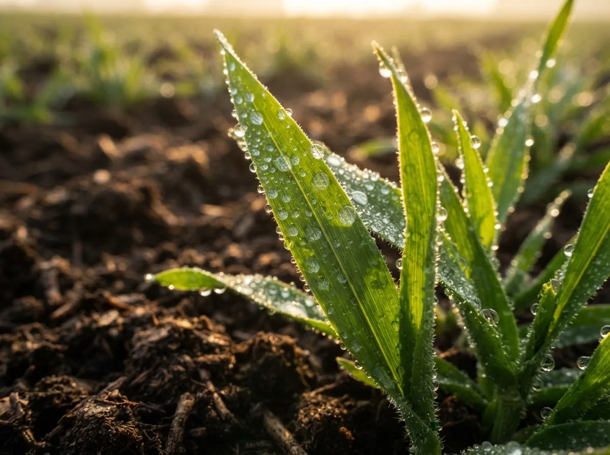 Young maize leaves covered in morning dew growing from rich soil