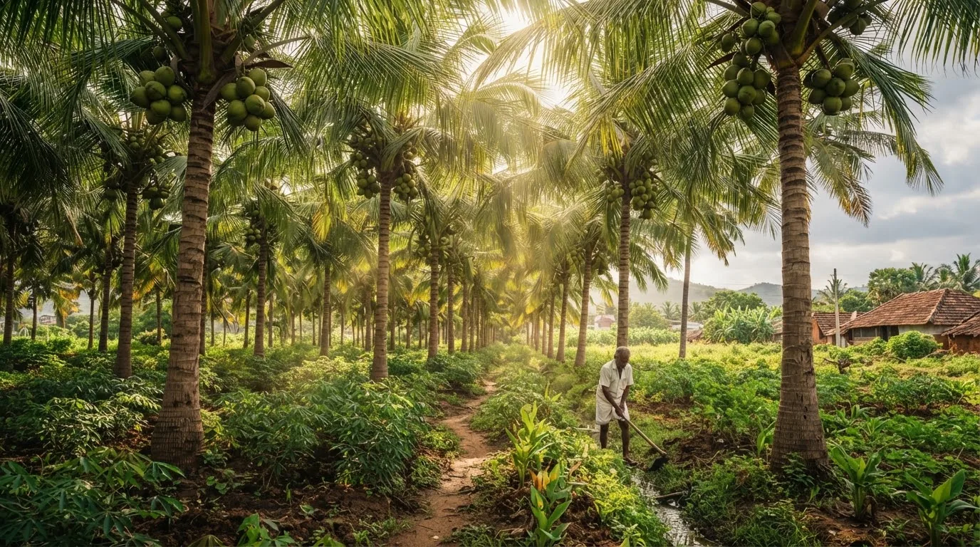 Coconut grove in Tamil Nadu with sunlight through the palm fronds