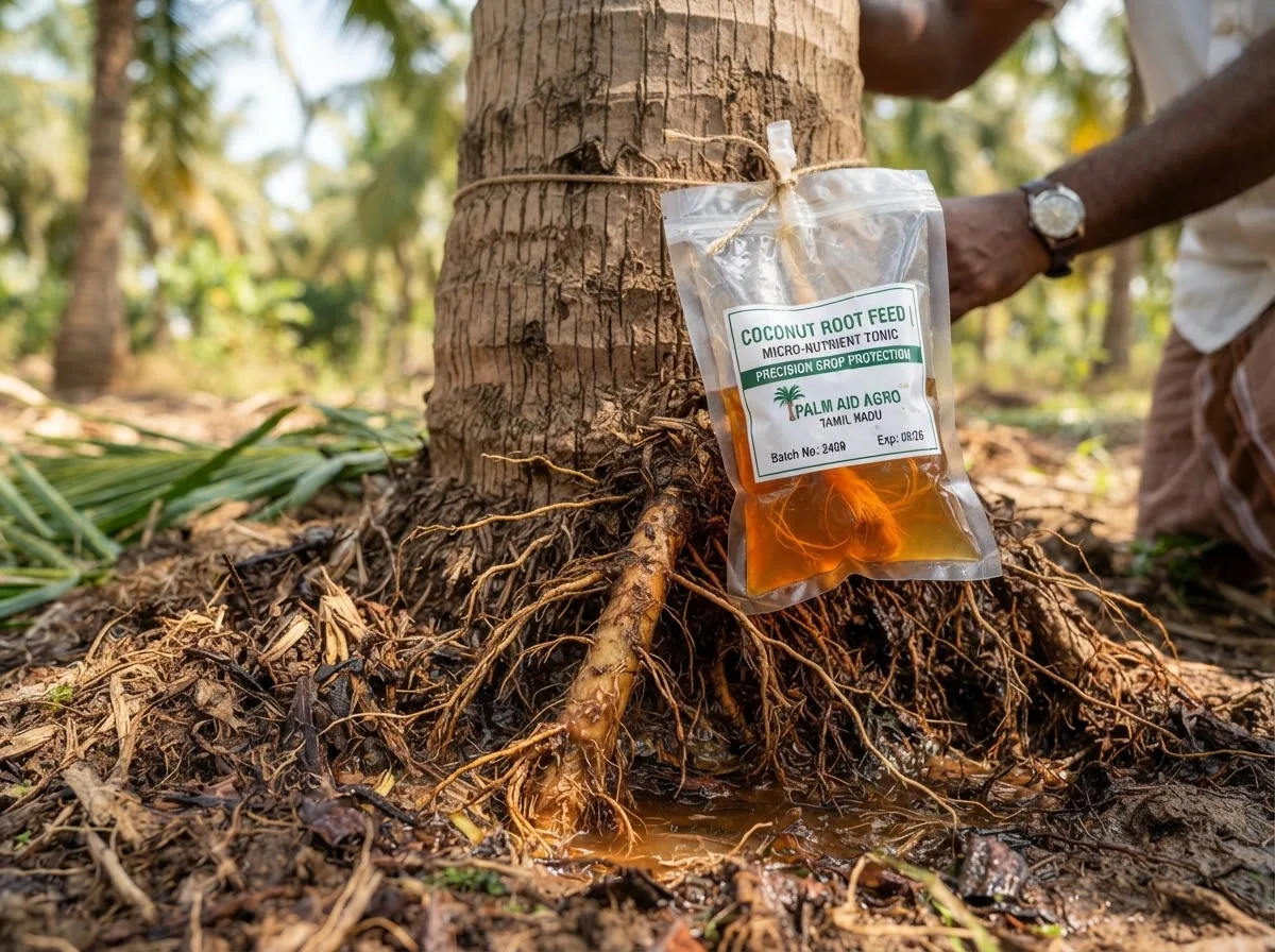 Root feeding pouch attached to the root zone of a coconut palm