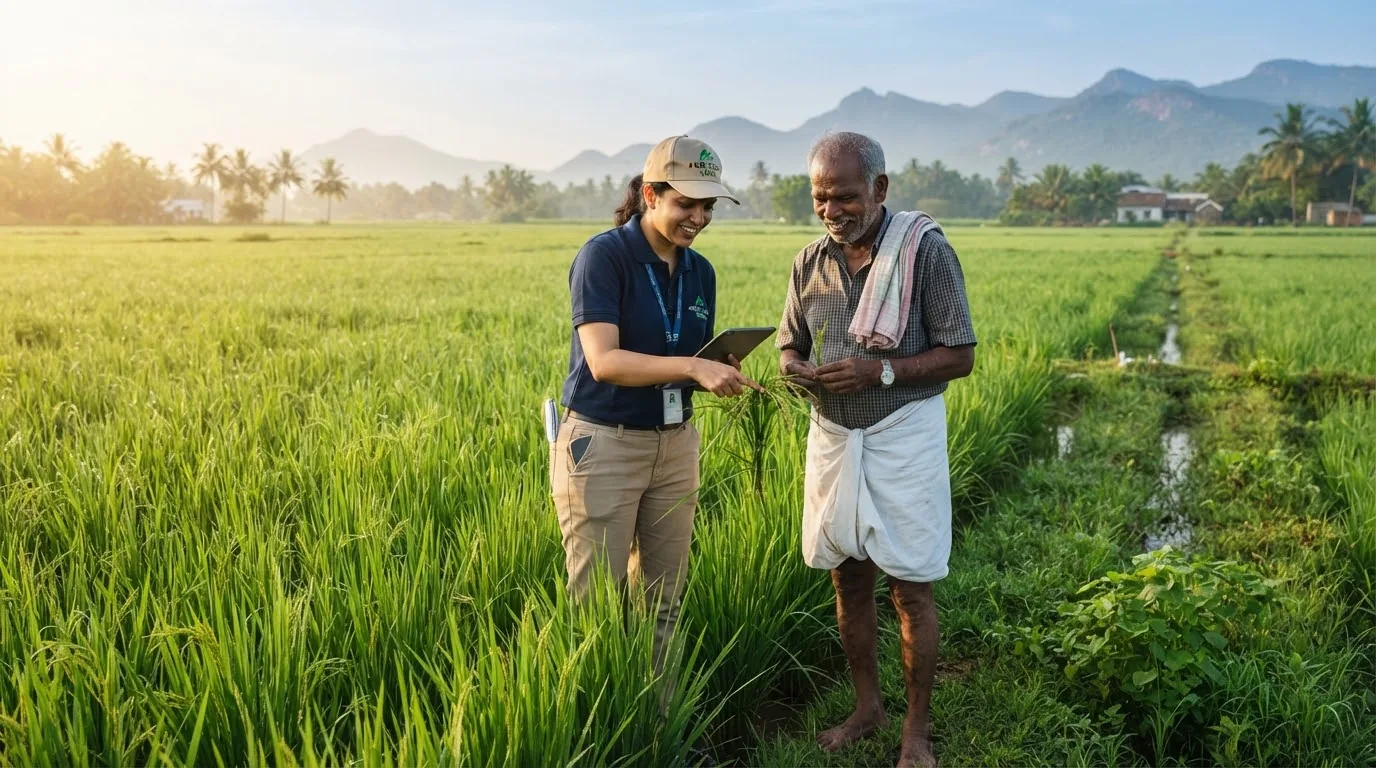 Advisor and farmer discussing a healthy paddy crop in the field