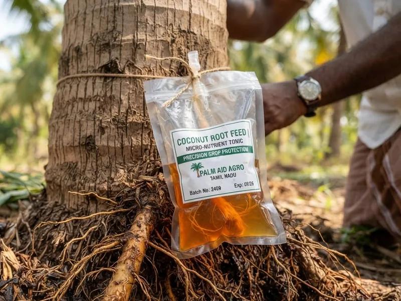Root feeding pouch tied to a coconut tree base