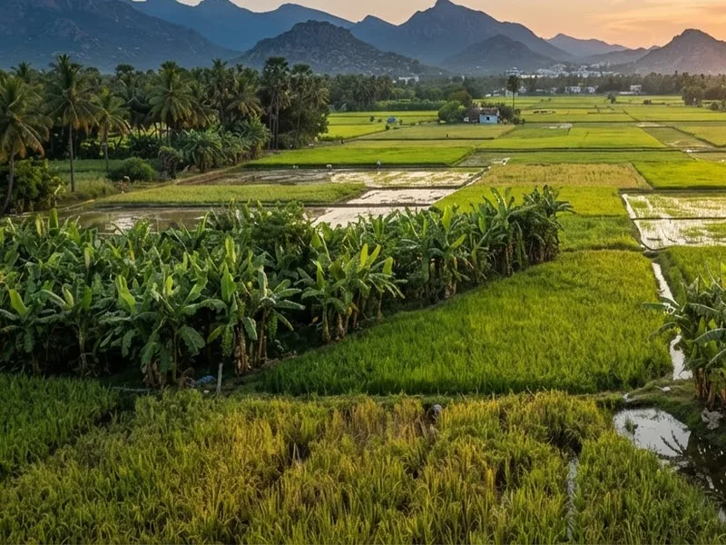 Lush green paddy fields in golden morning light