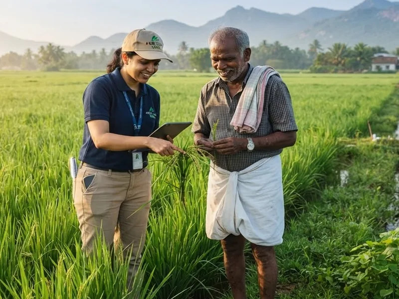 Farmer and advisor inspecting a healthy paddy crop together