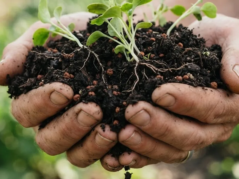 Farmer's hands holding rich dark soil with young seedlings