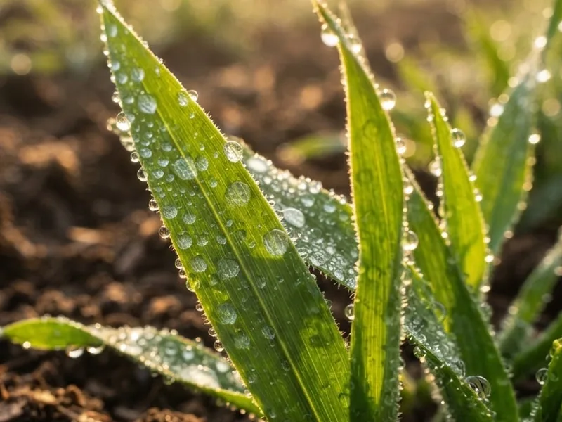 Close-up of healthy green crop leaves with morning dew