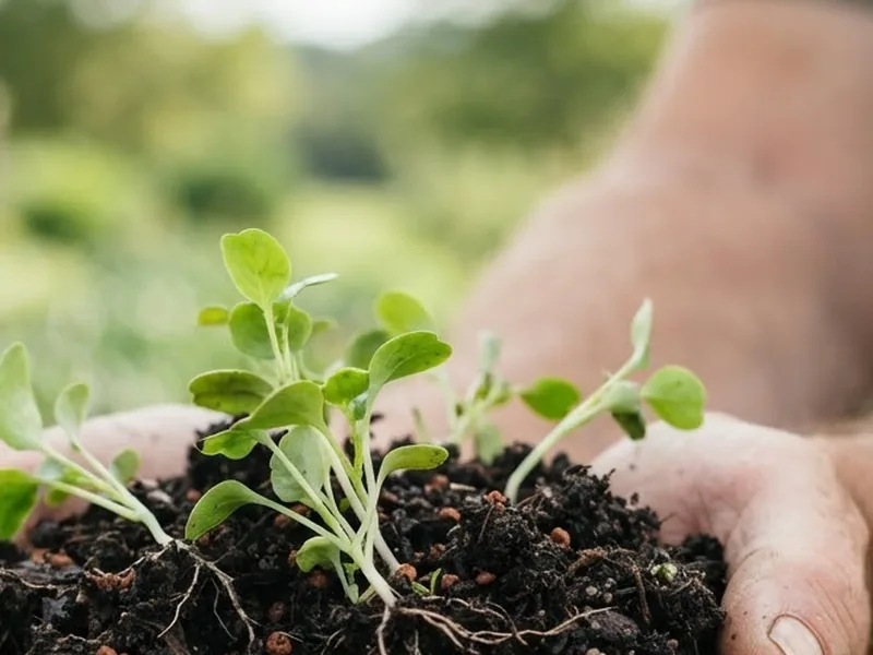 Young seedlings emerging from fertile soil held in hands