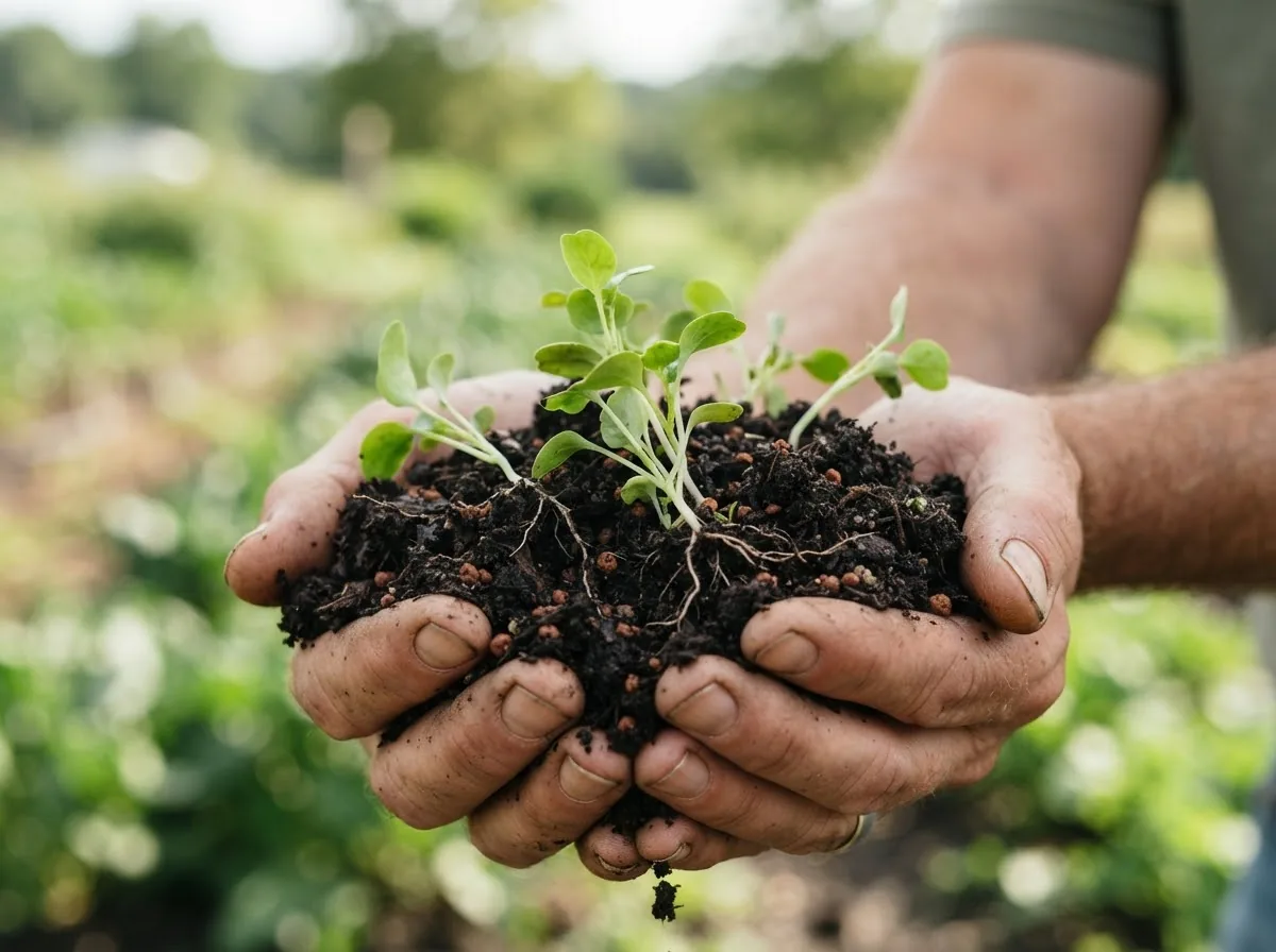 Farmer holding healthy soil with young seedlings and visible roots